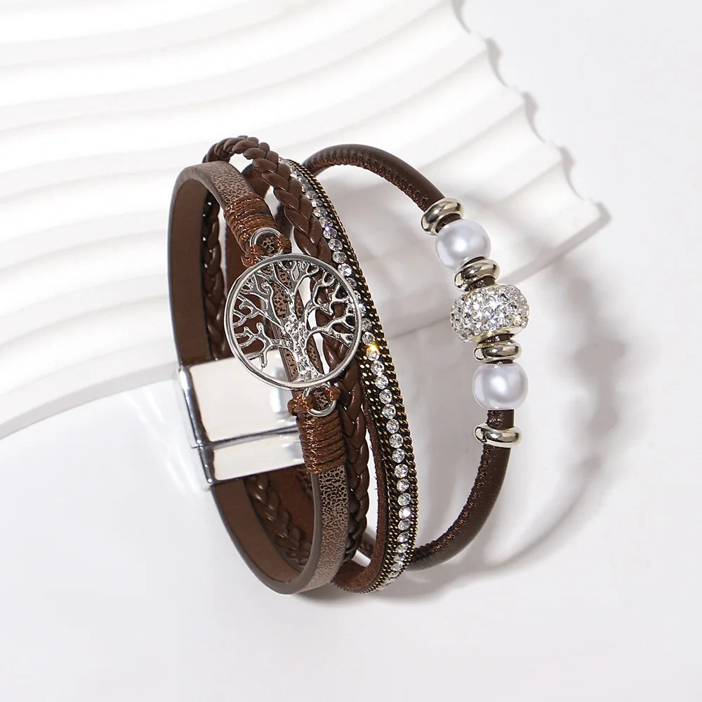 ALLYES Tree of Life Rhinestone Beads Pearl Leather Bracelets for Women Charm Bohemian Multilayer Wrap Bracelet Halloween Jewelry