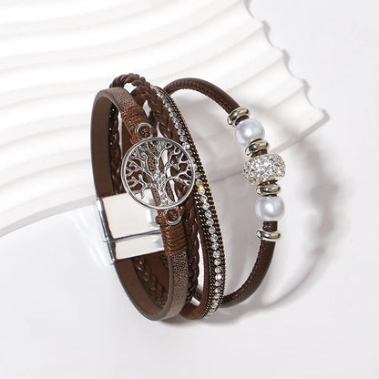 ALLYES Tree of Life Rhinestone Beads Pearl Leather Bracelets for Women Charm Bohemian Multilayer Wrap Bracelet Halloween Jewelry