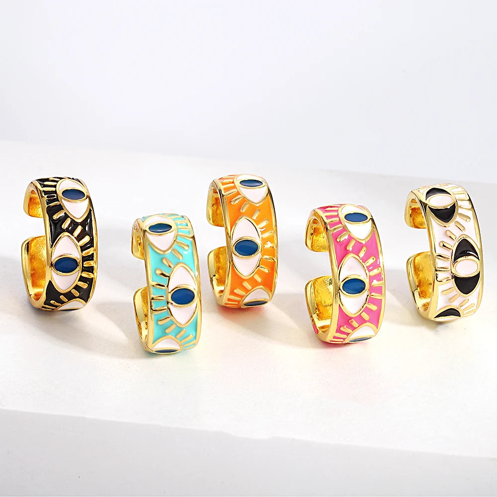 ALLYES Chunky Colorful Enamel Evil Eye Opening Rings for Women Personality Ethnic Matte Gold Color Finger Rings Charm Jewelry