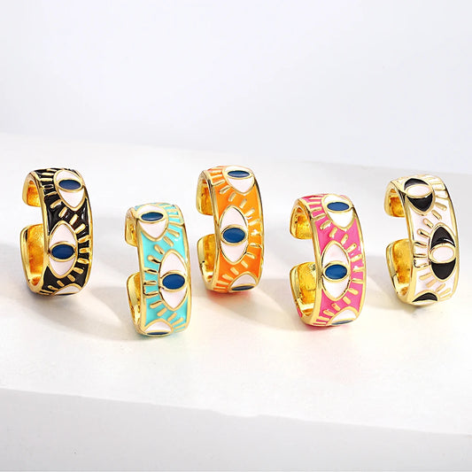 ALLYES Chunky Colorful Enamel Evil Eye Opening Rings for Women Personality Ethnic Matte Gold Color Finger Rings Charm Jewelry