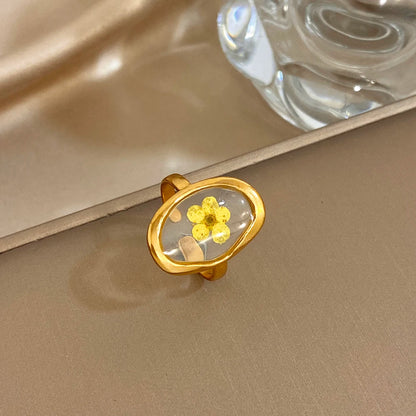 ALLYES Vintage Natural Yellow Flower Open Rings for Women Elegant Gold Plated Stainless Steel Finger Ring Party Jewelry Gifts