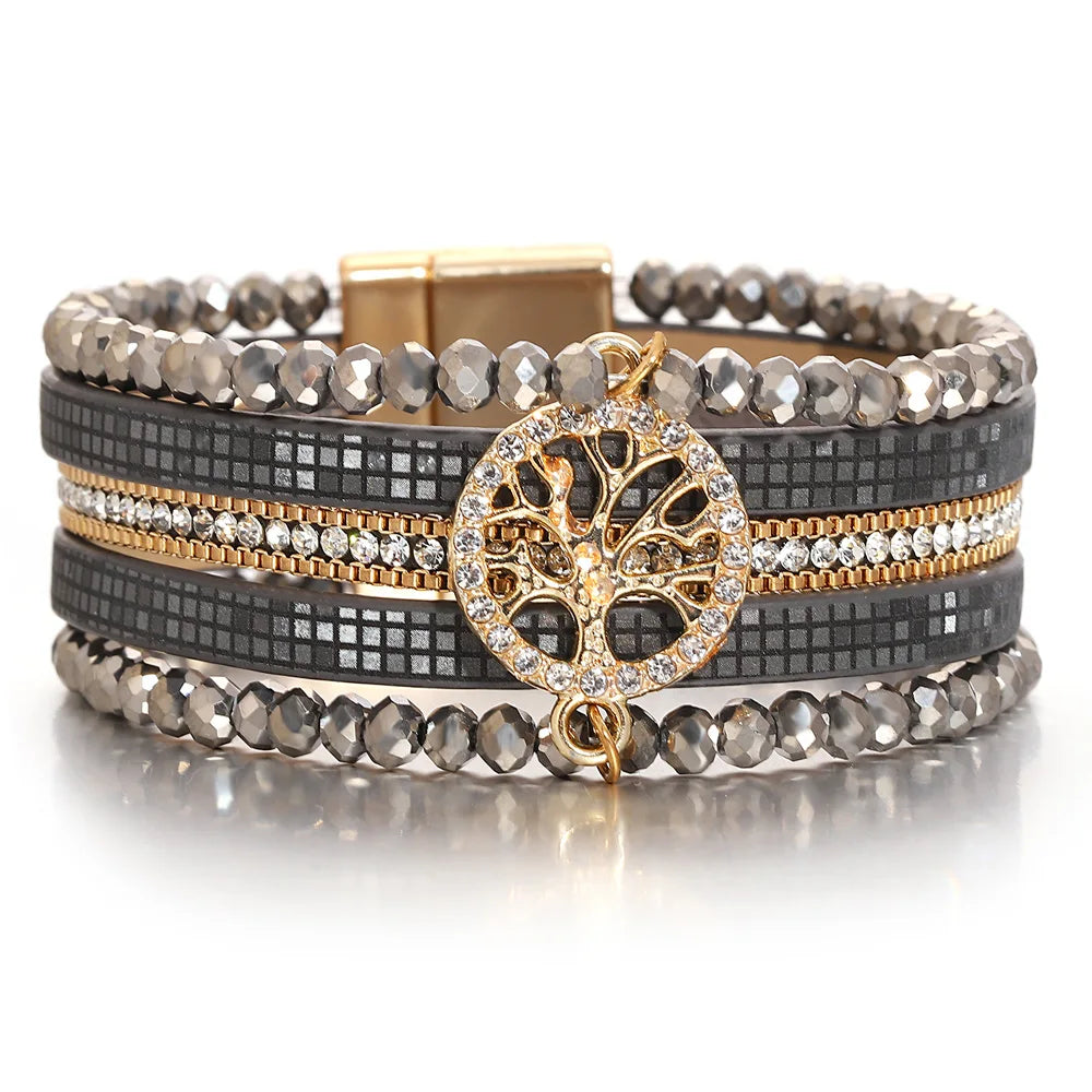 ALLYES Vintage Tree of Life Leather Bracelet for Women Multilayer Crystal Beads Chain Wrap Bracelets & Bangles Party Jewelry