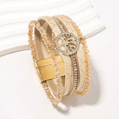 ALLYES Vintage Tree of Life Leather Bracelet for Women Multilayer Crystal Beads Chain Wrap Bracelets & Bangles Party Jewelry