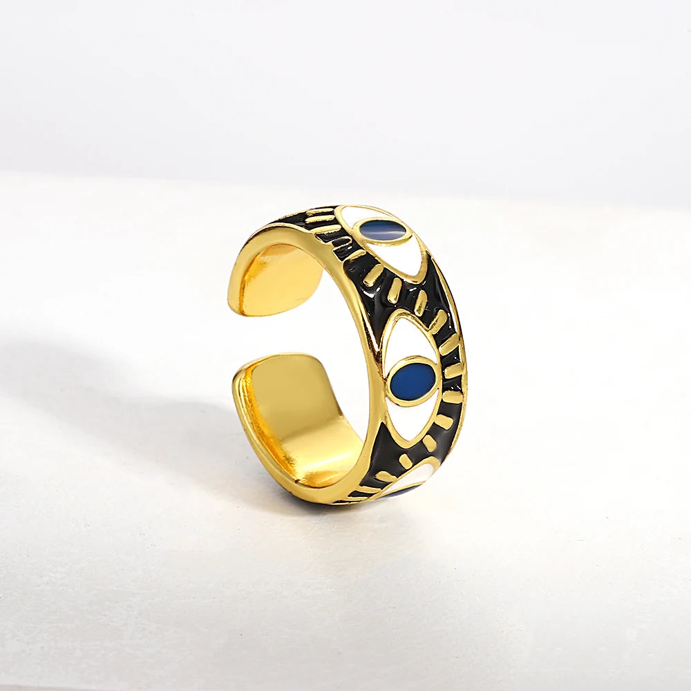 ALLYES Chunky Colorful Enamel Evil Eye Opening Rings for Women Personality Ethnic Matte Gold Color Finger Rings Charm Jewelry