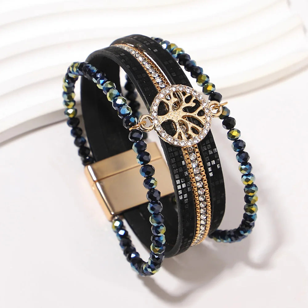 ALLYES Vintage Tree of Life Leather Bracelet for Women Multilayer Crystal Beads Chain Wrap Bracelets & Bangles Party Jewelry