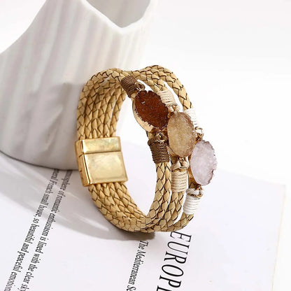 ALLYES Vintage Natural Stones Leather Bracelet for Women Men Boho Handmade Braided Multilayer Winding Wrap Bracelets Jewelry
