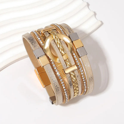 ALLYES Boho Round Braided Leather Bracelet for Women Men Vintage Multilayer Wrap Wide Bracelets & Bangles Party Jewelry Gifts