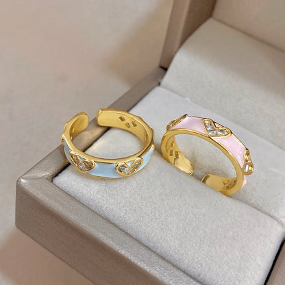 ALLYES Romantic Enamel Heart Zirconia Open Ring for Women Exquisite Gold Plated Copper Finger Rings Valentine's Day Gifts