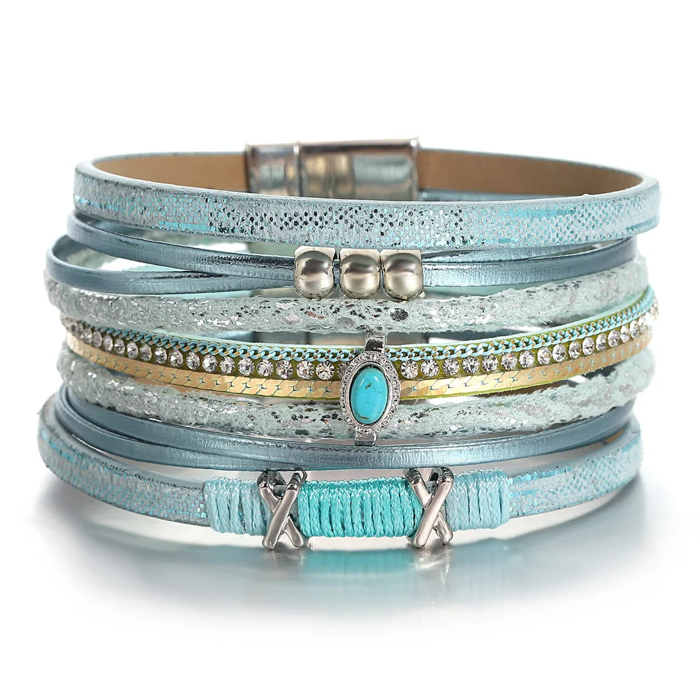 ALLYES Fashion Beads Cross Leather Bracelet for Women Men Chunky Rhinestone Chain Multilayer Wrap Wide Bracelets Party Jewelry