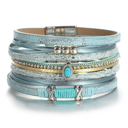 ALLYES Fashion Beads Cross Leather Bracelet for Women Men Chunky Rhinestone Chain Multilayer Wrap Wide Bracelets Party Jewelry