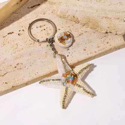 ALLYES Exquisite Seed Beads Hand-sewn Starfish Keychain, Trendy Mobile Phone Handbag Hanging, Flower Charms Keyring Accessories