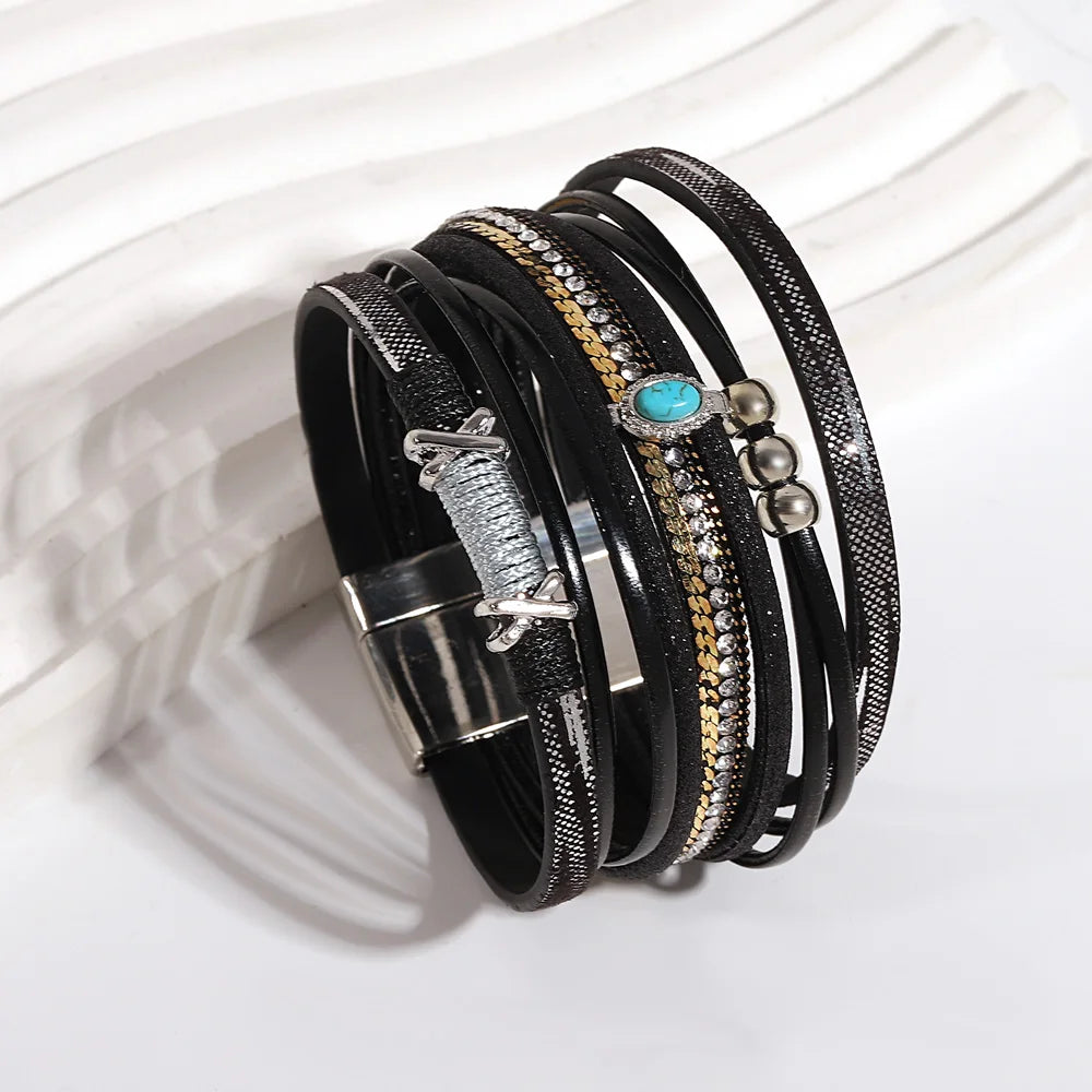 ALLYES Fashion Beads Cross Leather Bracelet for Women Men Chunky Rhinestone Chain Multilayer Wrap Wide Bracelets Party Jewelry