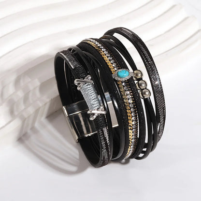 ALLYES Fashion Beads Cross Leather Bracelet for Women Men Chunky Rhinestone Chain Multilayer Wrap Wide Bracelets Party Jewelry