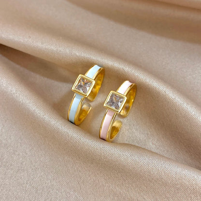 ALLYES Chic Enamel Square Zirconia Open Ring for Women Exquisite Gold Plated Copper Finger Rings Valentine's Day Gifts