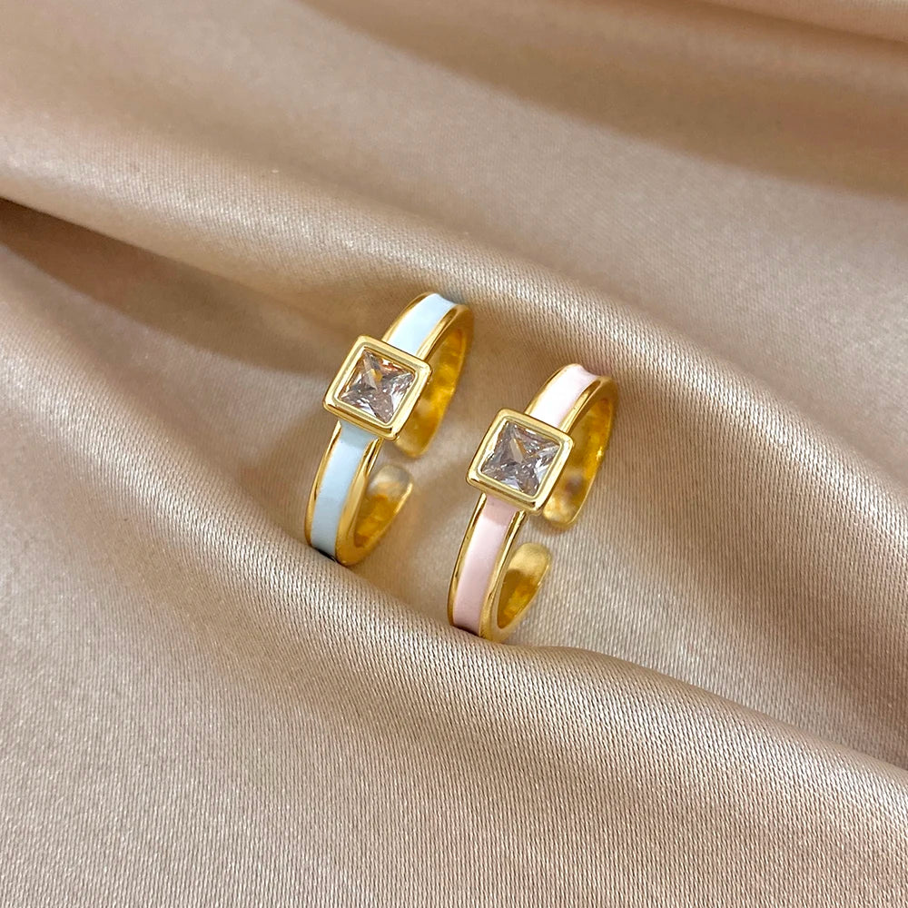 ALLYES Chic Enamel Square Zirconia Open Ring for Women Exquisite Gold Plated Copper Finger Rings Valentine's Day Gifts