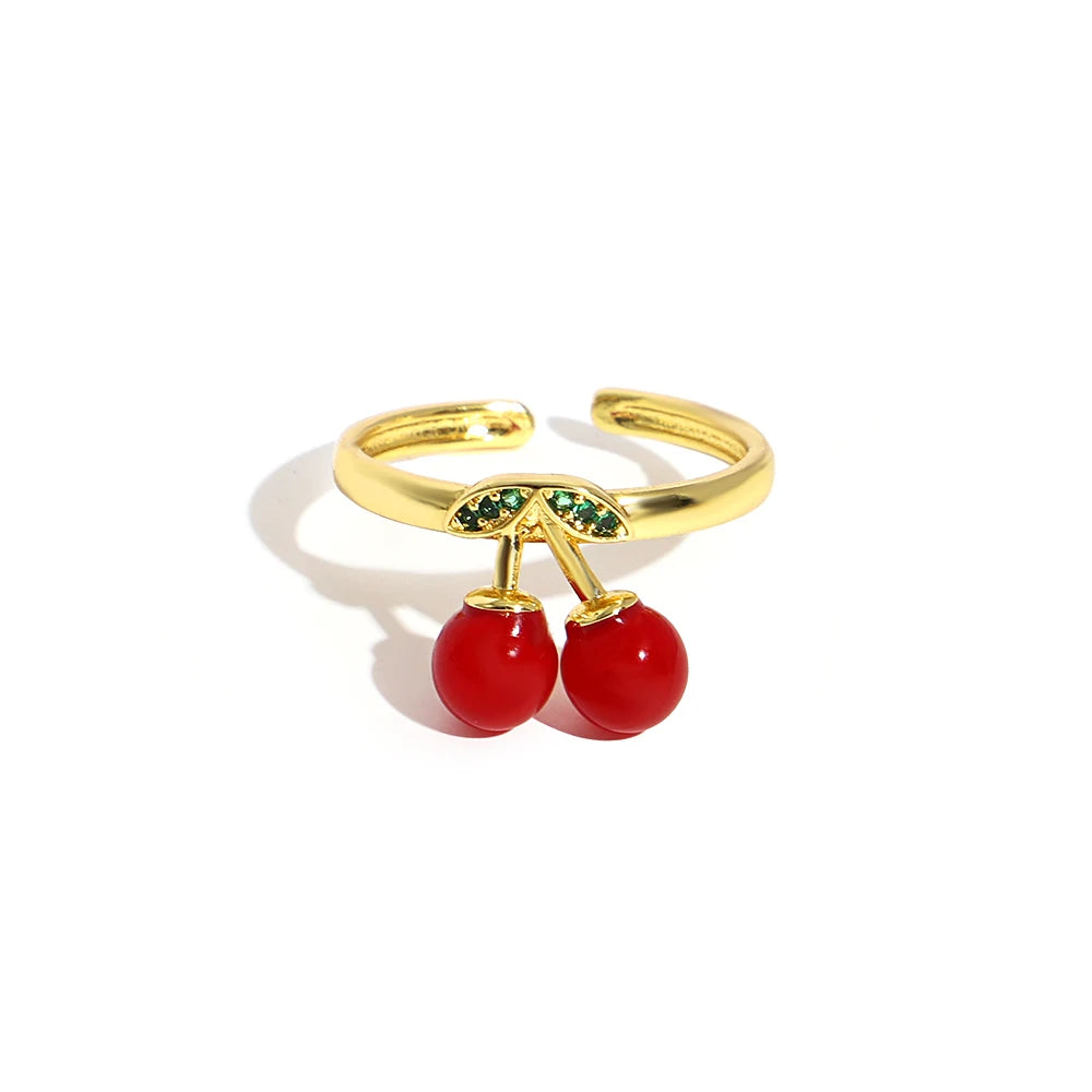 ALLYES Fashion Gold Plated Copper Rings for Women Cute Enamel Cherry Strawberry Crystal Fruit Finger Ring Jewelry Gifts