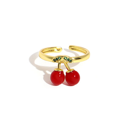 ALLYES Fashion Gold Plated Copper Rings for Women Cute Enamel Cherry Strawberry Crystal Fruit Finger Ring Jewelry Gifts