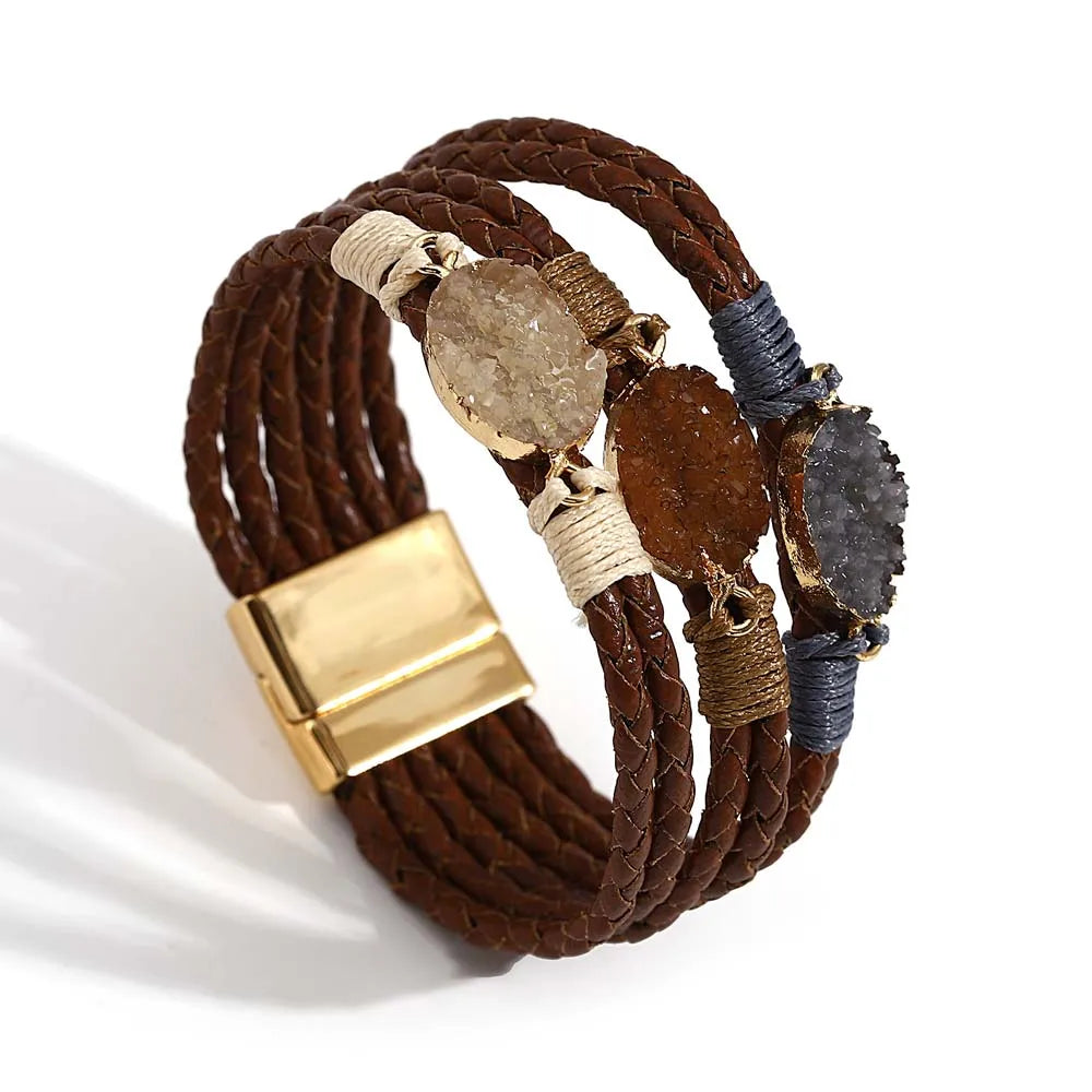 ALLYES Vintage Natural Stones Leather Bracelet for Women Men Boho Handmade Braided Multilayer Winding Wrap Bracelets Jewelry
