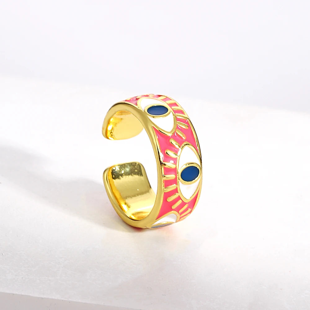 ALLYES Chunky Colorful Enamel Evil Eye Opening Rings for Women Personality Ethnic Matte Gold Color Finger Rings Charm Jewelry