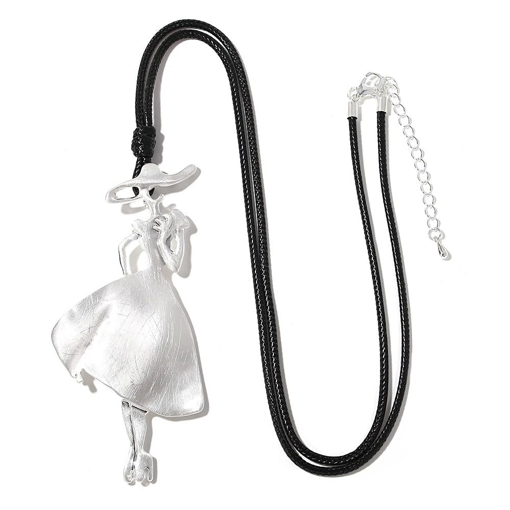 ALLYES Vintage Boho Long Leather Necklaces Elegant Matte Metal Women Pendant Necklace Sweater Chain Fall & Winter Jewelry