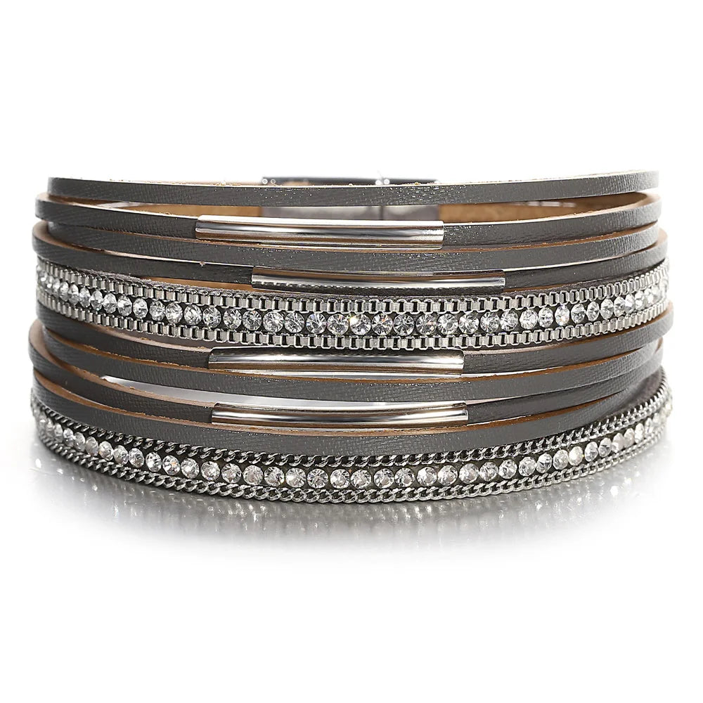 ALLYES Vintage Multilayer Wrap Leather Bracelet for Women Charm Rhinestone Metal Tube Wide Bangle Bracelets Party Jewelry Gifts