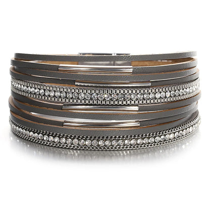 ALLYES Vintage Multilayer Wrap Leather Bracelet for Women Charm Rhinestone Metal Tube Wide Bangle Bracelets Party Jewelry Gifts