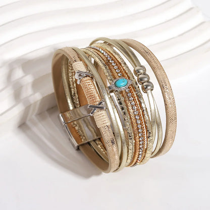ALLYES Fashion Beads Cross Leather Bracelet for Women Men Chunky Rhinestone Chain Multilayer Wrap Wide Bracelets Party Jewelry