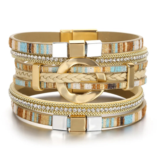 ALLYES Boho Braided Leather Bracelet for Women Vintage Inlaid Rhinestone Colorful Multilayer Wrap Wide Bracelets Ethnic Jewelry