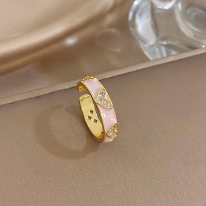 ALLYES Romantic Enamel Heart Zirconia Open Ring for Women Exquisite Gold Plated Copper Finger Rings Valentine's Day Gifts