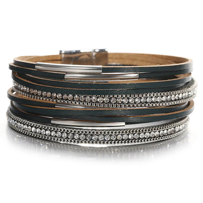 ALLYES Vintage Multilayer Wrap Leather Bracelet for Women Charm Rhinestone Metal Tube Wide Bangle Bracelets Party Jewelry Gifts