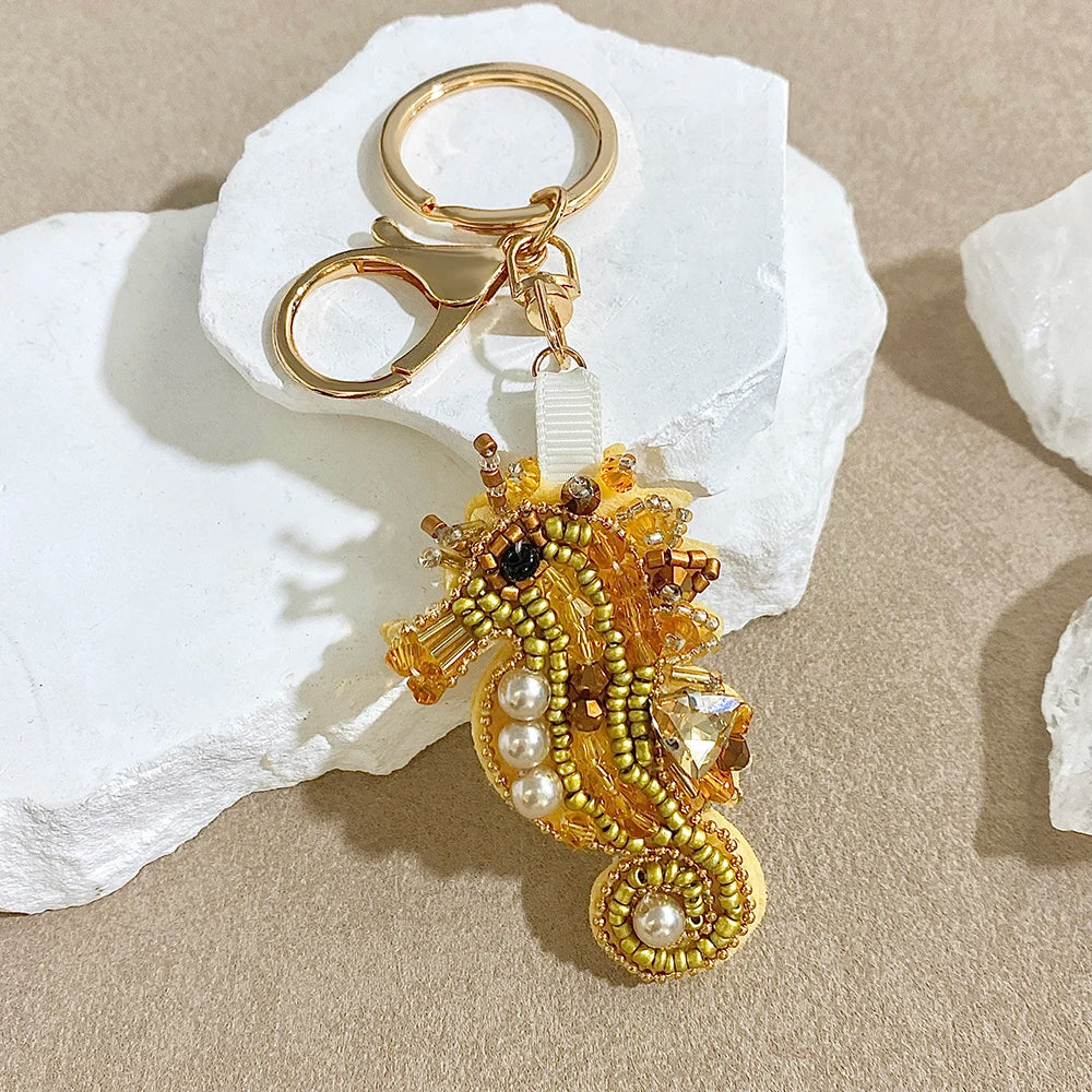ALLYES Chic Beads Hand-sewn Seahorse Keychain, Delicate Mobile Phone Handbag Hanging, Charms Keyring Accessories