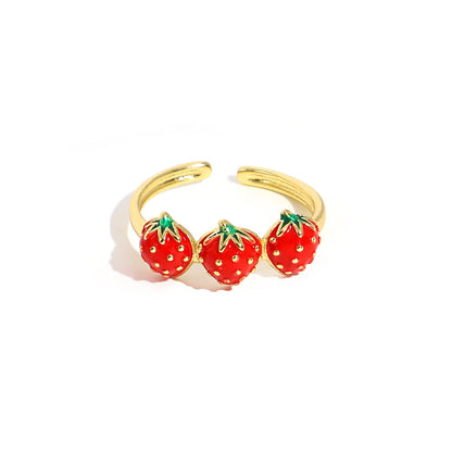 ALLYES Fashion Gold Plated Copper Rings for Women Cute Enamel Cherry Strawberry Crystal Fruit Finger Ring Jewelry Gifts