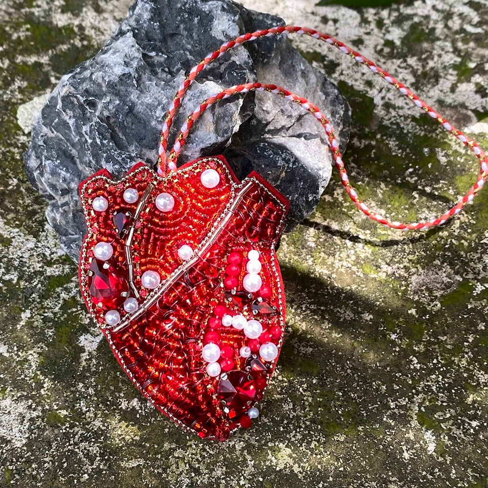 ALLYES Chic Pink Red Seed Beads Sequins Hand-sewn Heart Keychain Fashion Mobile Phone Handbag Hanging Charms Keyring Accessories