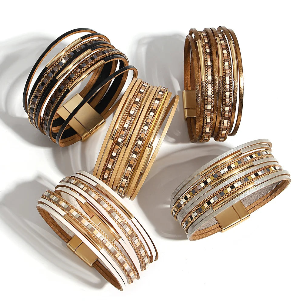 ALLYES Trendy Colorful Square Leather Bracelet for Women Men Boho Metal Tube Multilayer Wrap Wide Bracelets Charm Party Jewelry