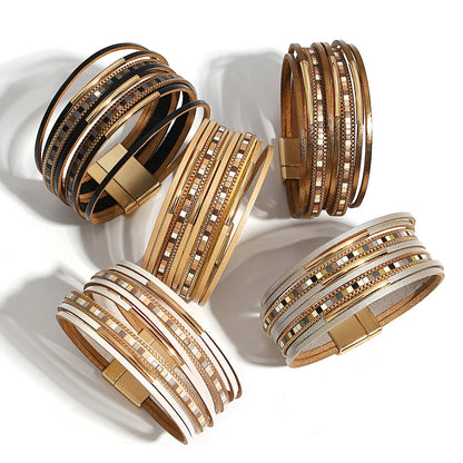 ALLYES Trendy Colorful Square Leather Bracelet for Women Men Boho Metal Tube Multilayer Wrap Wide Bracelets Charm Party Jewelry