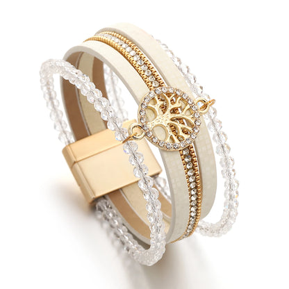 ALLYES Vintage Tree of Life Leather Bracelet for Women Multilayer Crystal Beads Chain Wrap Bracelets & Bangles Party Jewelry