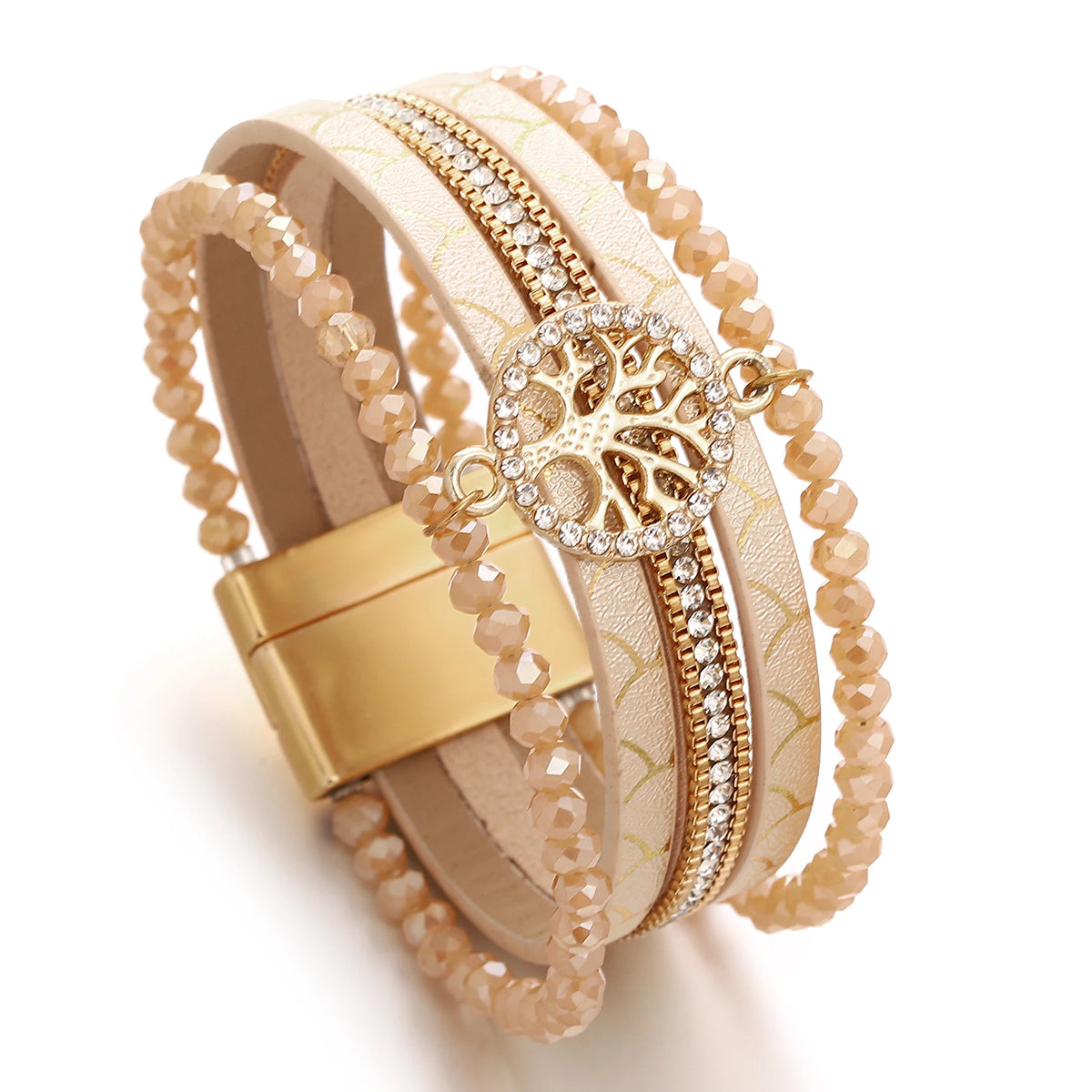 ALLYES Vintage Tree of Life Leather Bracelet for Women Multilayer Crystal Beads Chain Wrap Bracelets & Bangles Party Jewelry