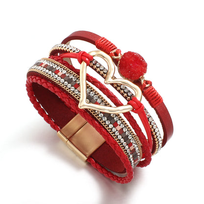 ALLYES Metal Love Heart Charm Leather Bracelets for Women Fashion Rhinestone Braided Wrap Bracelet Bangle Female Jewelry Gfits