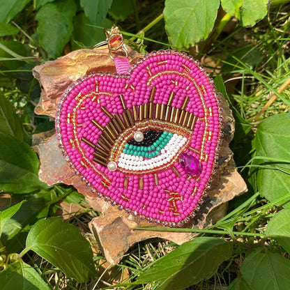ALLYES Boho Red Blue Seed Beads Teardrop Hand-sewn Evil Eye Heart Keychain, Gothic Mobile Phone Handbag Hanging Charms Keyring