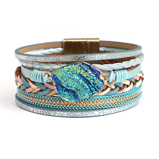 ALLYES Boho Colorful Stone Leather Bracelet for Women Men Vintage Jewelry Charms Multilayer Braided Wide Wrap Bracelets Bangles