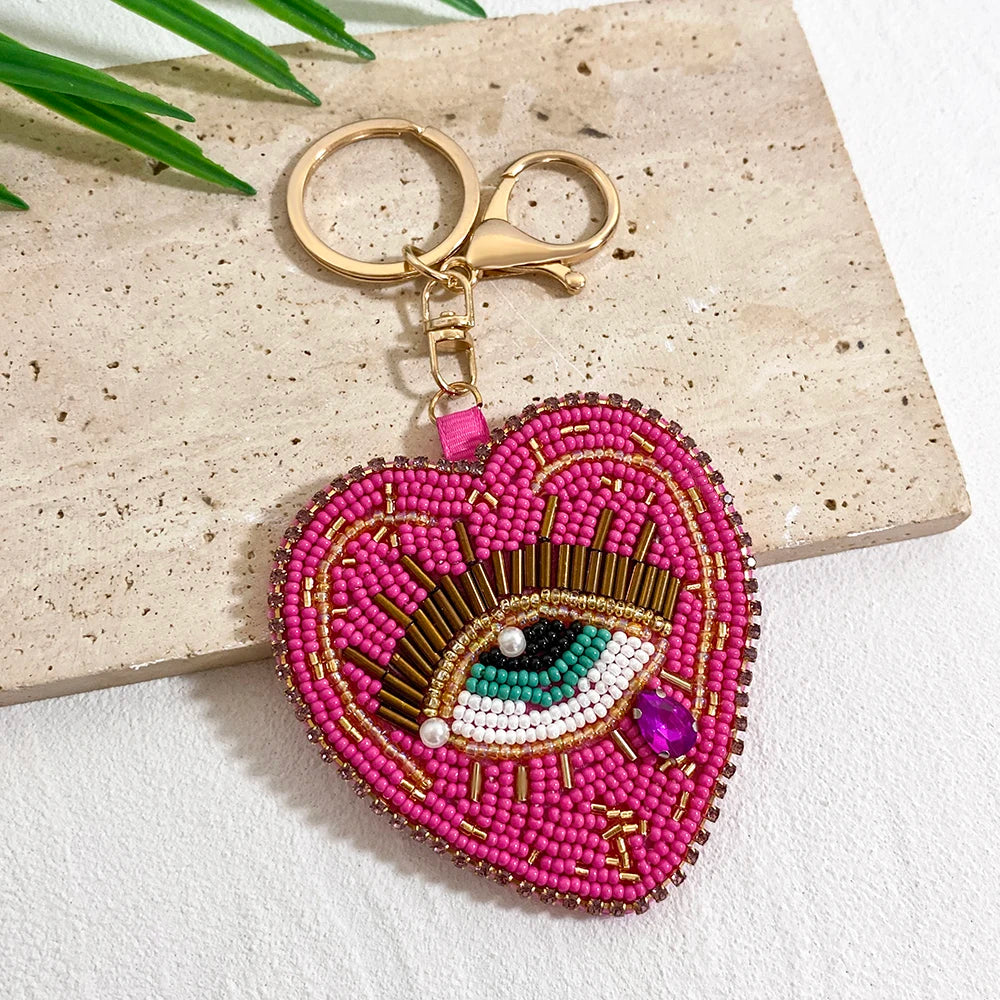 ALLYES Boho Red Blue Seed Beads Teardrop Hand-sewn Evil Eye Heart Keychain, Gothic Mobile Phone Handbag Hanging Charms Keyring