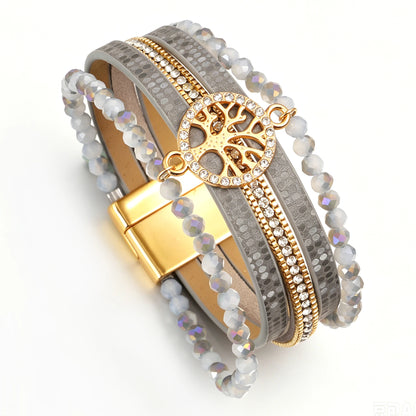 ALLYES Vintage Tree of Life Leather Bracelet for Women Multilayer Crystal Beads Chain Wrap Bracelets & Bangles Party Jewelry