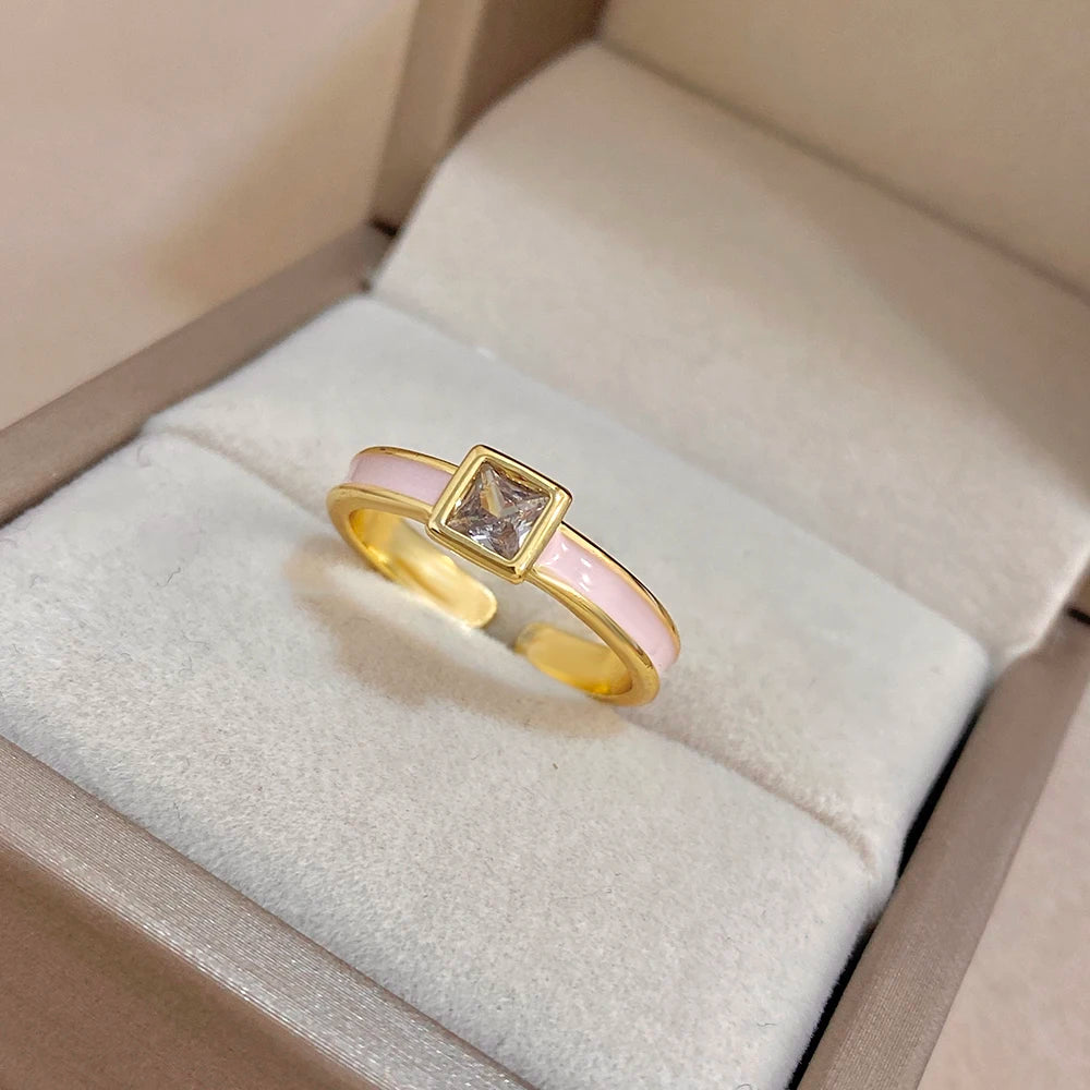 ALLYES Chic Enamel Square Zirconia Open Ring for Women Exquisite Gold Plated Copper Finger Rings Valentine's Day Gifts