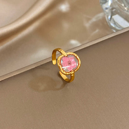 ALLYES Vintage Natural Rose Red Flower Open Rings for Women Elegant Gold Plated Stainless Steel Finger Ring Party Jewelry Gifts