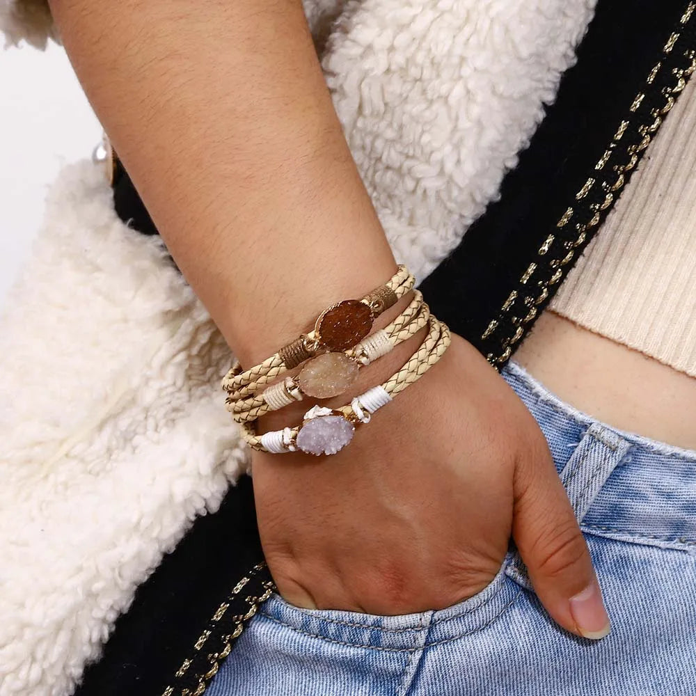 ALLYES Vintage Natural Stones Leather Bracelet for Women Men Boho Handmade Braided Multilayer Winding Wrap Bracelets Jewelry