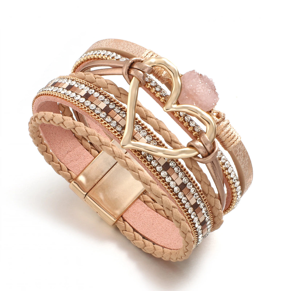 ALLYES Metal Love Heart Charm Leather Bracelets for Women Fashion Rhinestone Braided Wrap Bracelet Bangle Female Jewelry Gfits