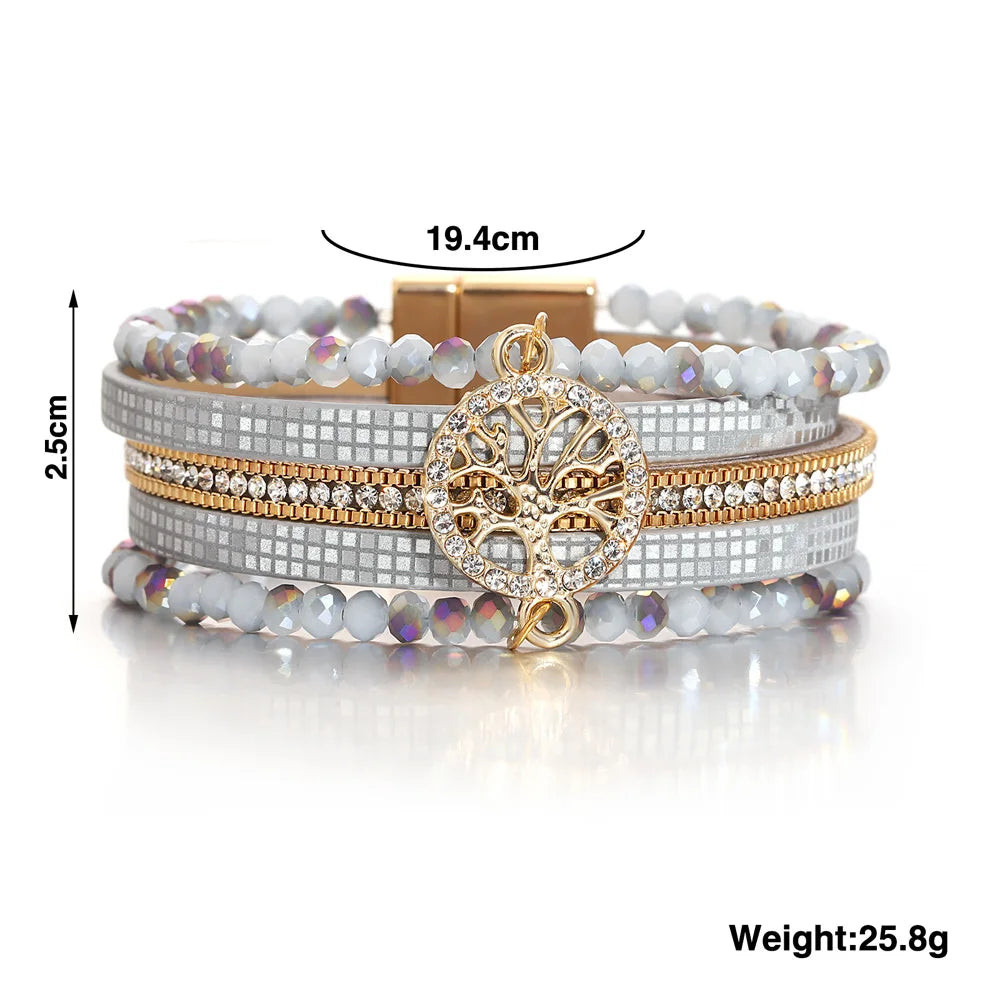 ALLYES Vintage Tree of Life Leather Bracelet for Women Multilayer Crystal Beads Chain Wrap Bracelets & Bangles Party Jewelry