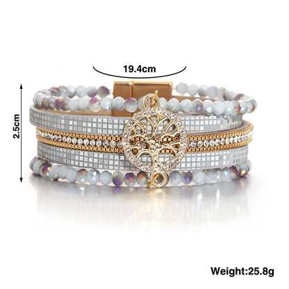 ALLYES Vintage Tree of Life Leather Bracelet for Women Multilayer Crystal Beads Chain Wrap Bracelets & Bangles Party Jewelry
