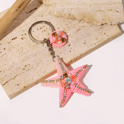 ALLYES Exquisite Seed Beads Hand-sewn Starfish Keychain, Trendy Mobile Phone Handbag Hanging, Flower Charms Keyring Accessories