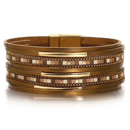 ALLYES Trendy Colorful Square Leather Bracelet for Women Men Boho Metal Tube Multilayer Wrap Wide Bracelets Charm Party Jewelry